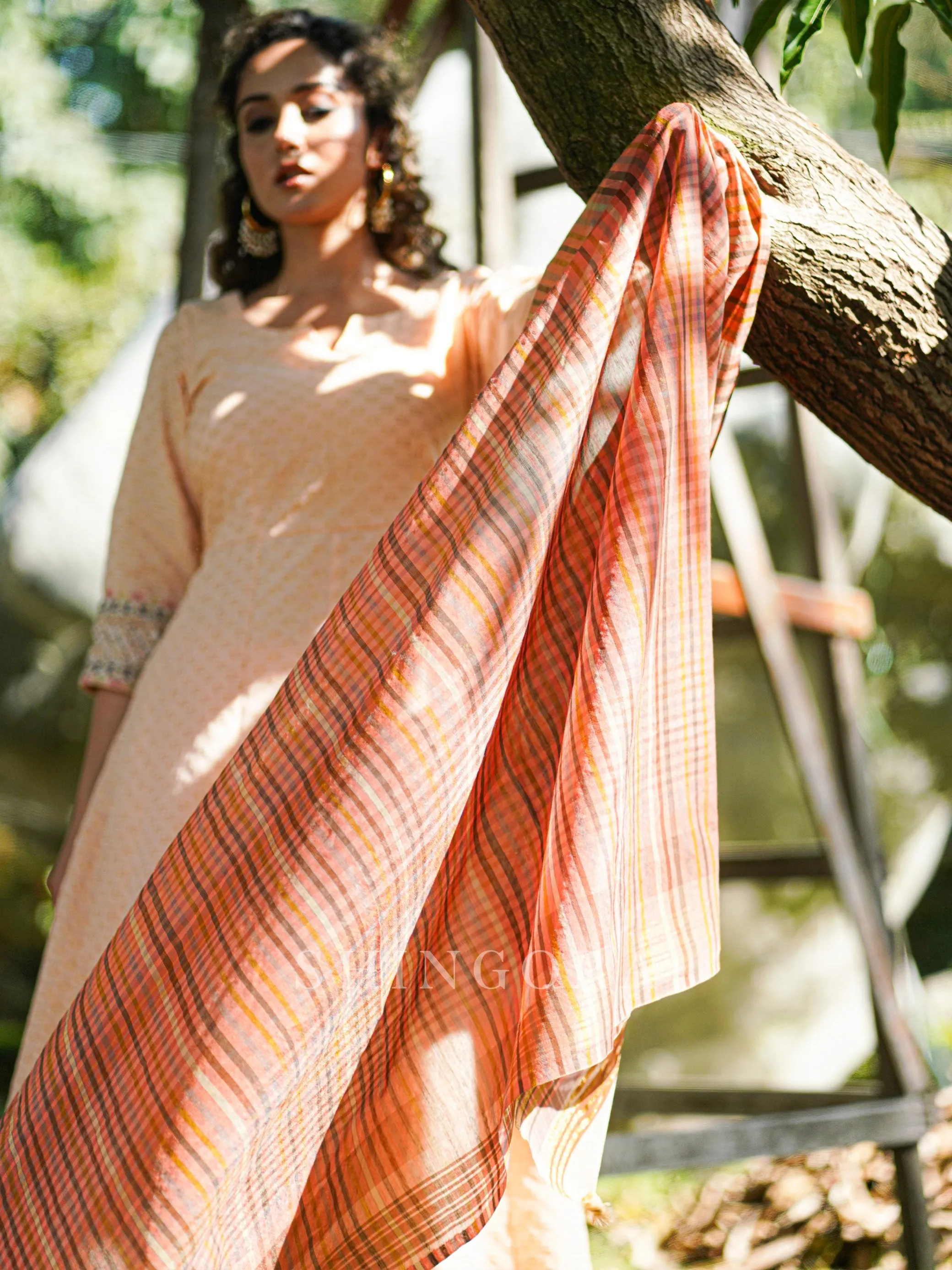 Akaar: Peach Jacquard Embroidered Unstitched Suit with Dupatta