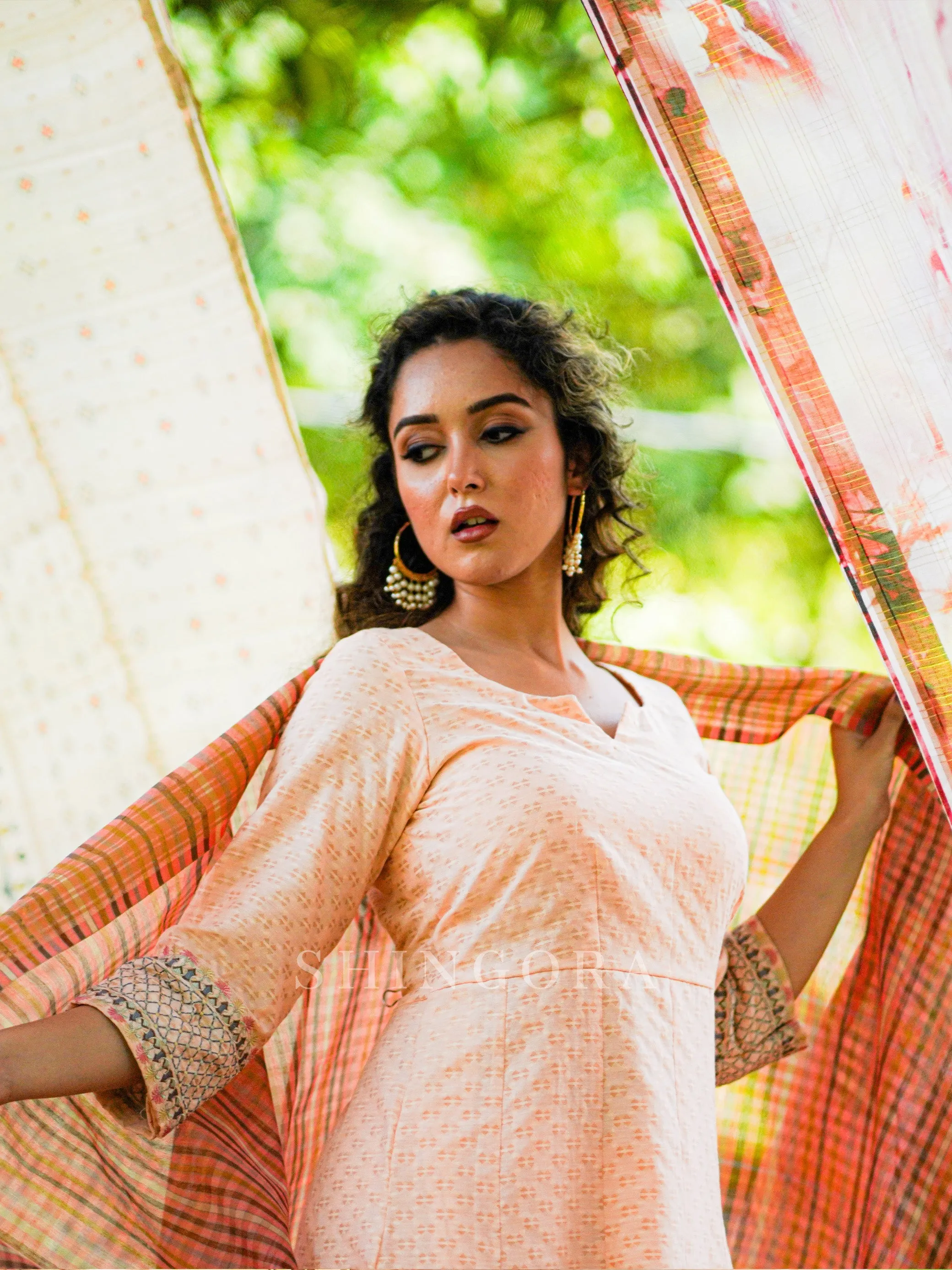 Akaar: Peach Jacquard Embroidered Unstitched Suit with Dupatta