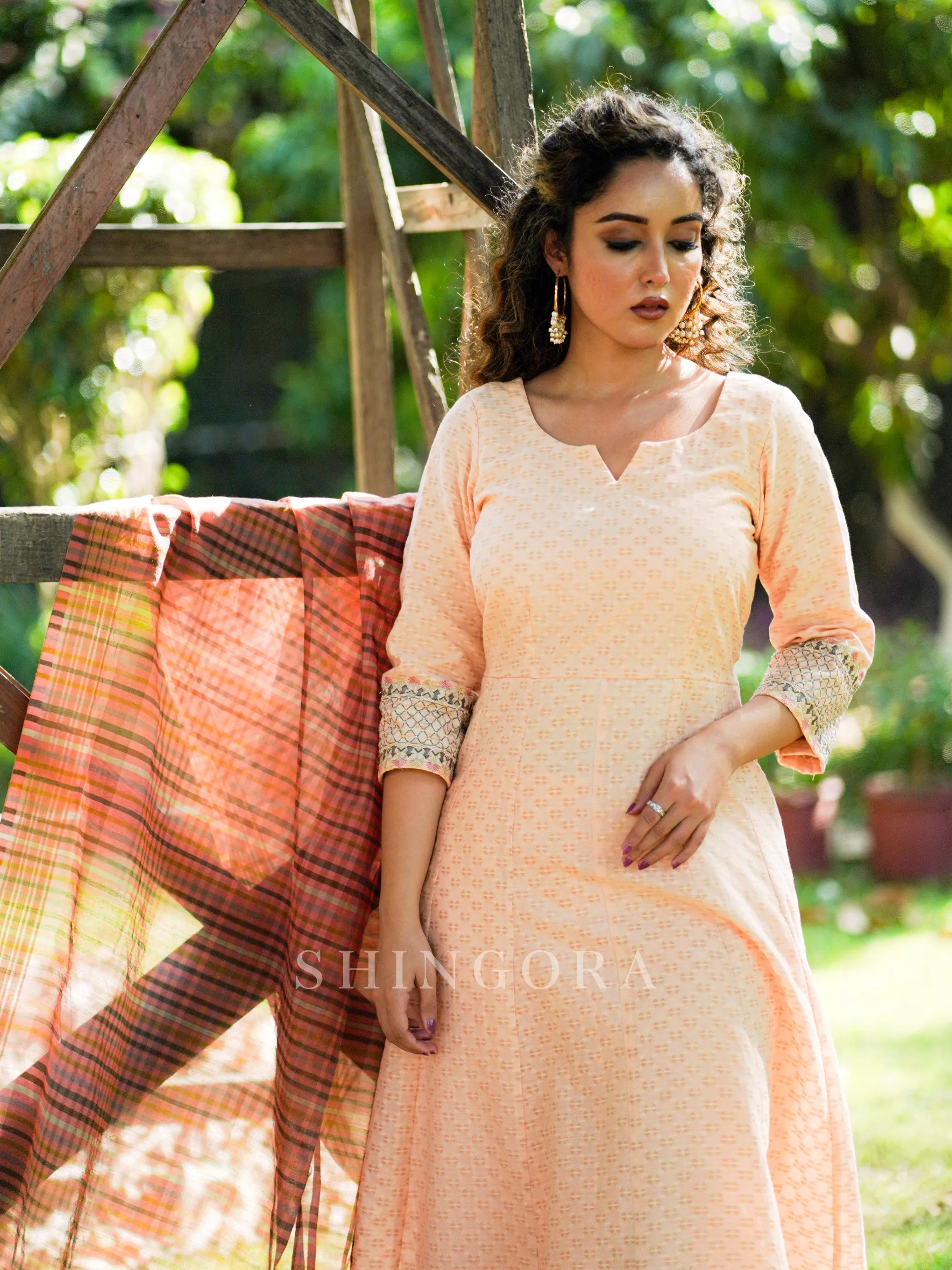 Akaar: Peach Jacquard Embroidered Unstitched Suit with Dupatta