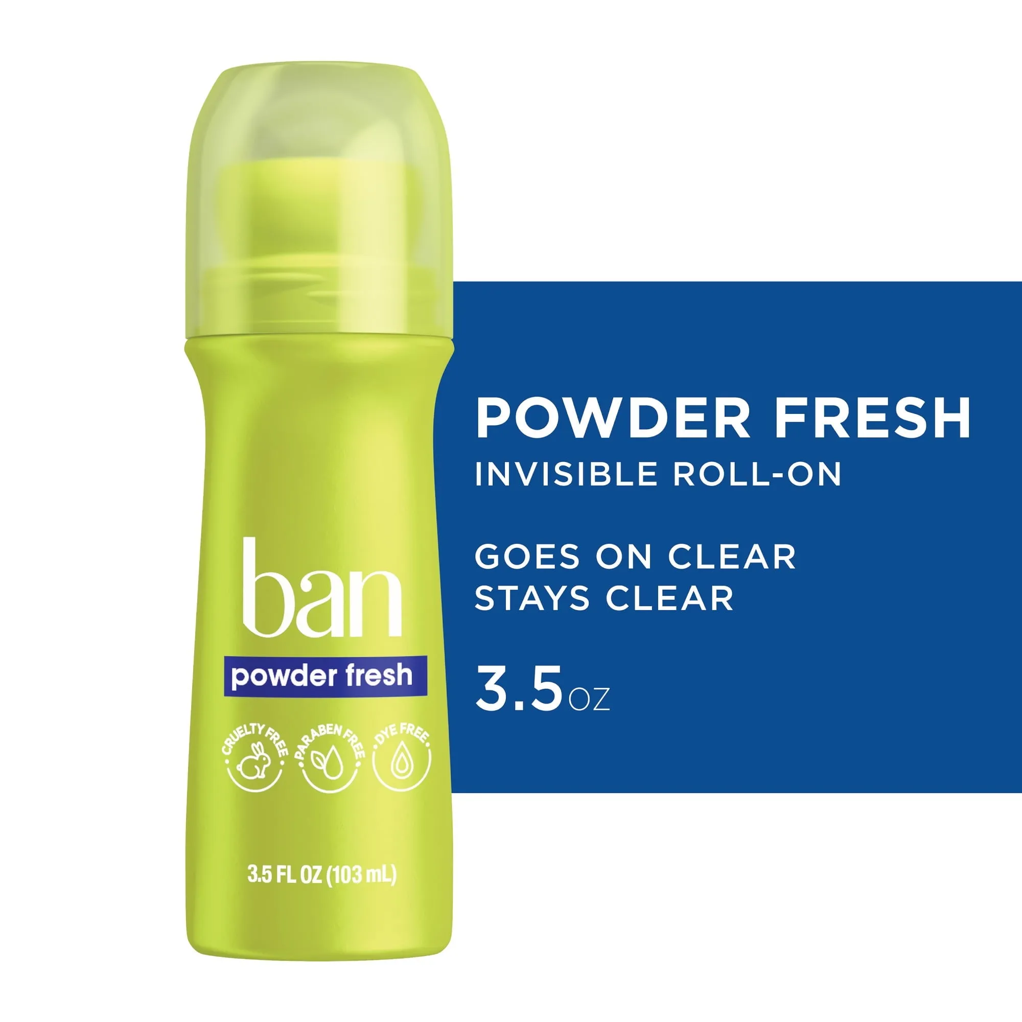 Ban Invisible Roll-On Antiperspirant Deodorant, Powder Fresh, 3.5 oz