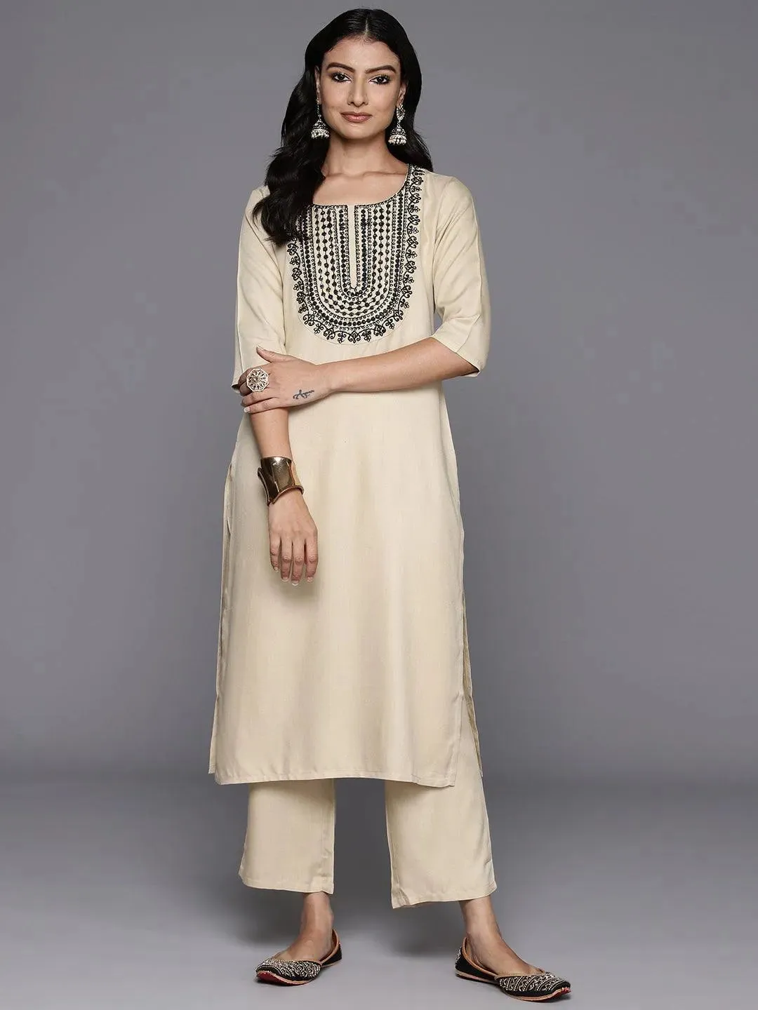 Beige Yoke Design Wool Blend Straight Kurta Set