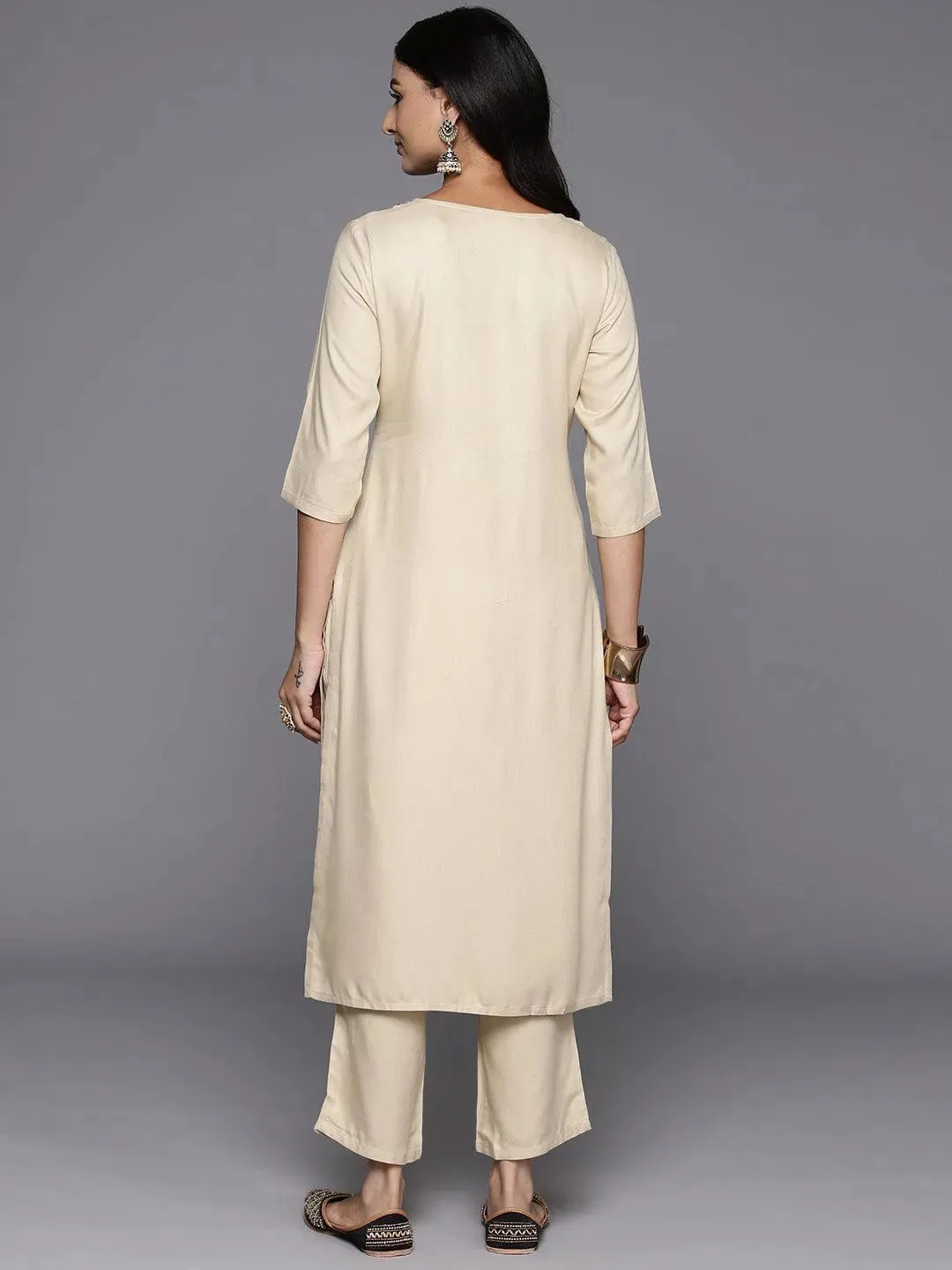 Beige Yoke Design Wool Blend Straight Kurta Set