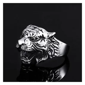 Biker Vintage Oxidise Silver Stainless Steel Roaring Lion Head Ring