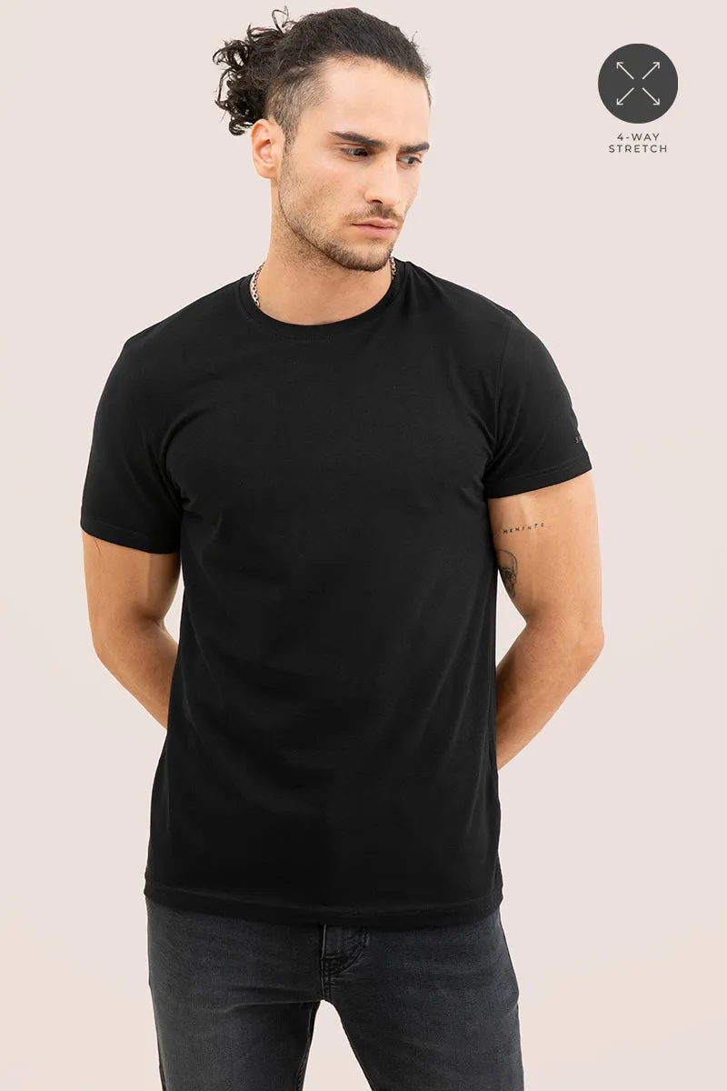 Black Solid 4 Way Stretch Crew Neck T-Shirts