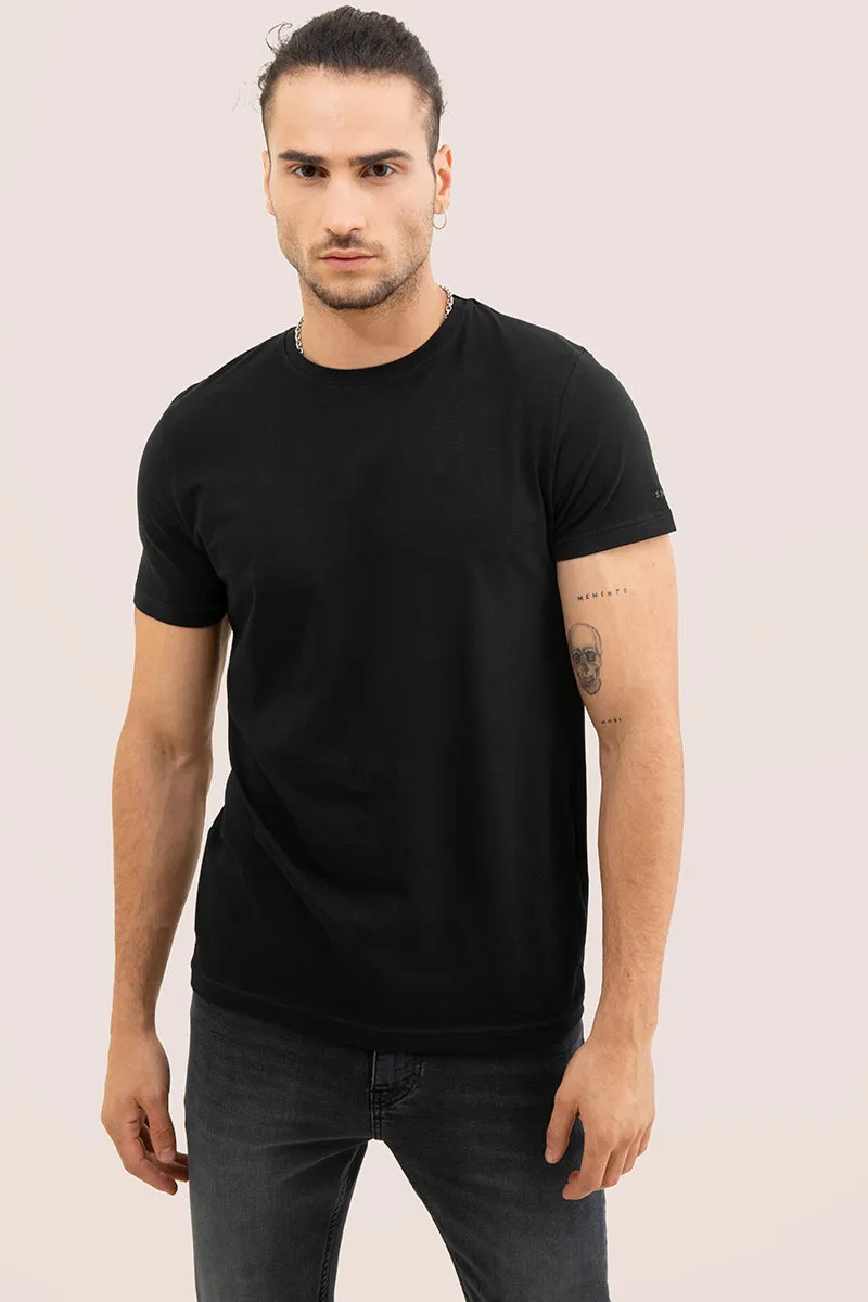 Black Solid 4 Way Stretch Crew Neck T-Shirts