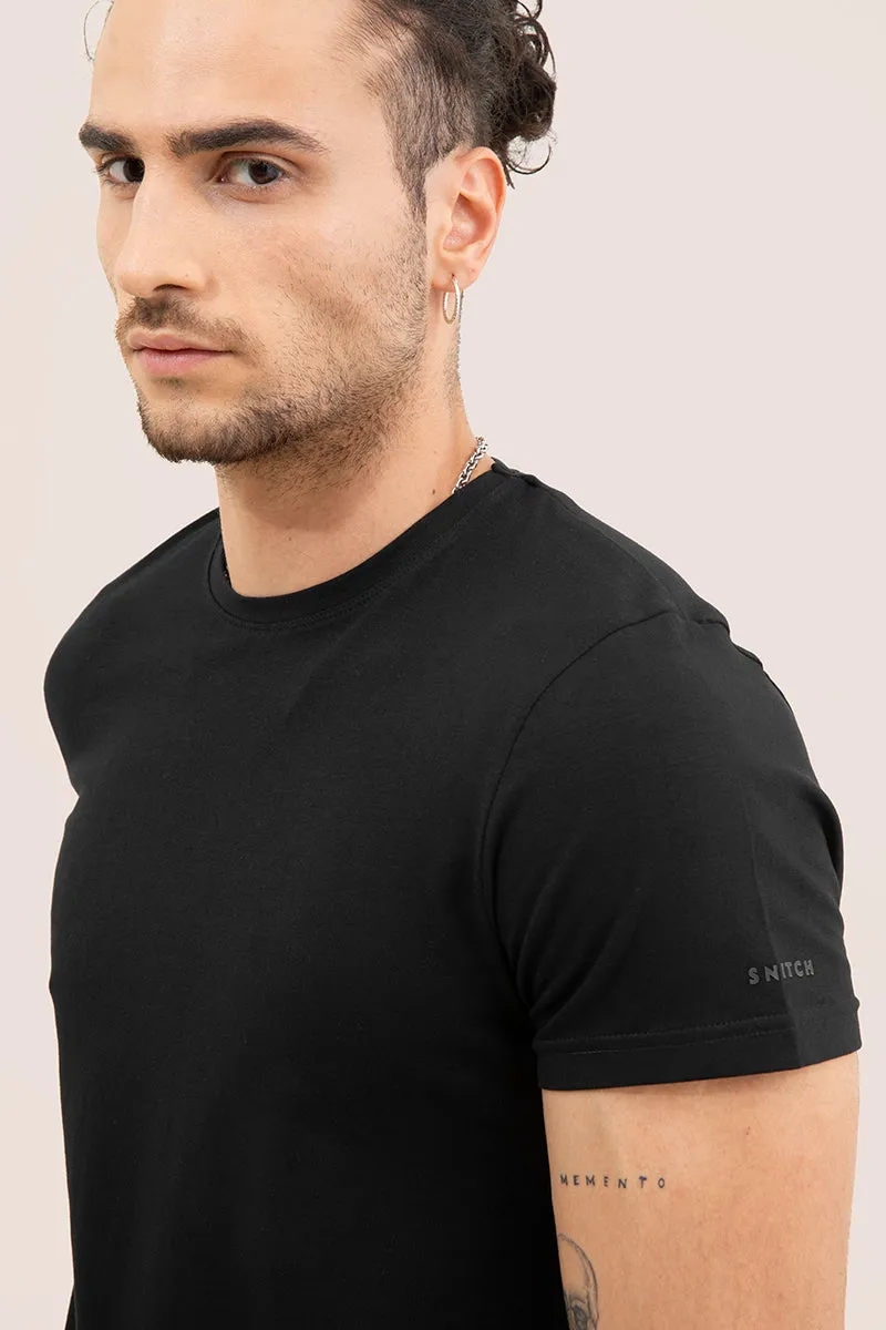 Black Solid 4 Way Stretch Crew Neck T-Shirts