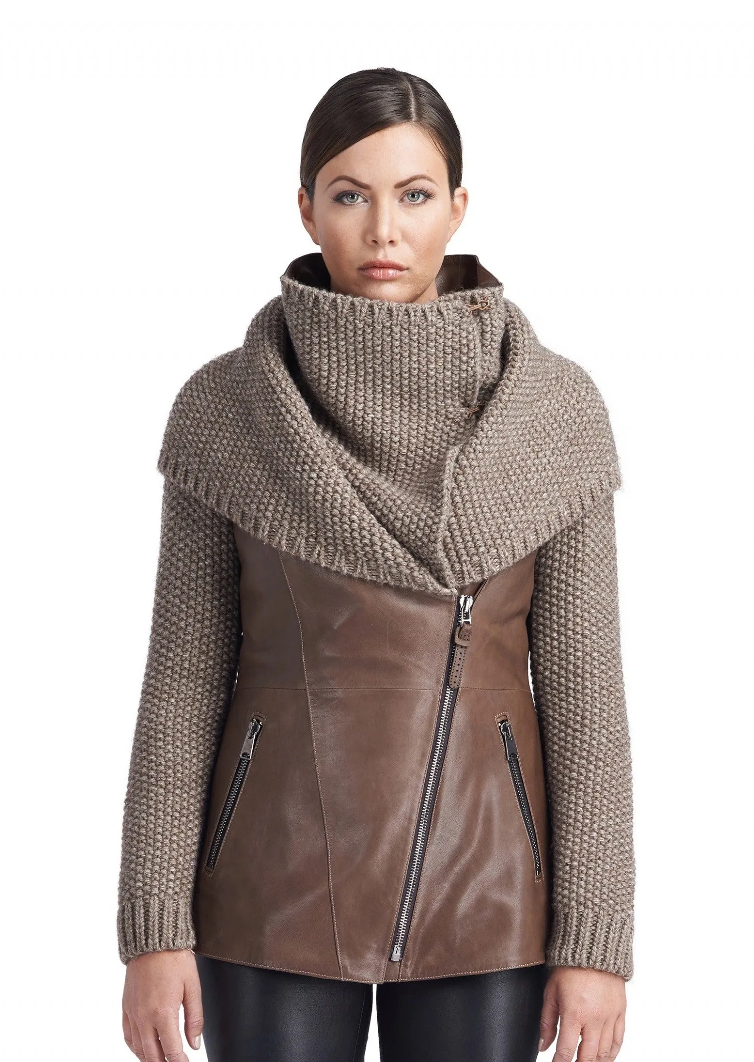 Ivory Taupe Knitted Wool/Leather Jacket