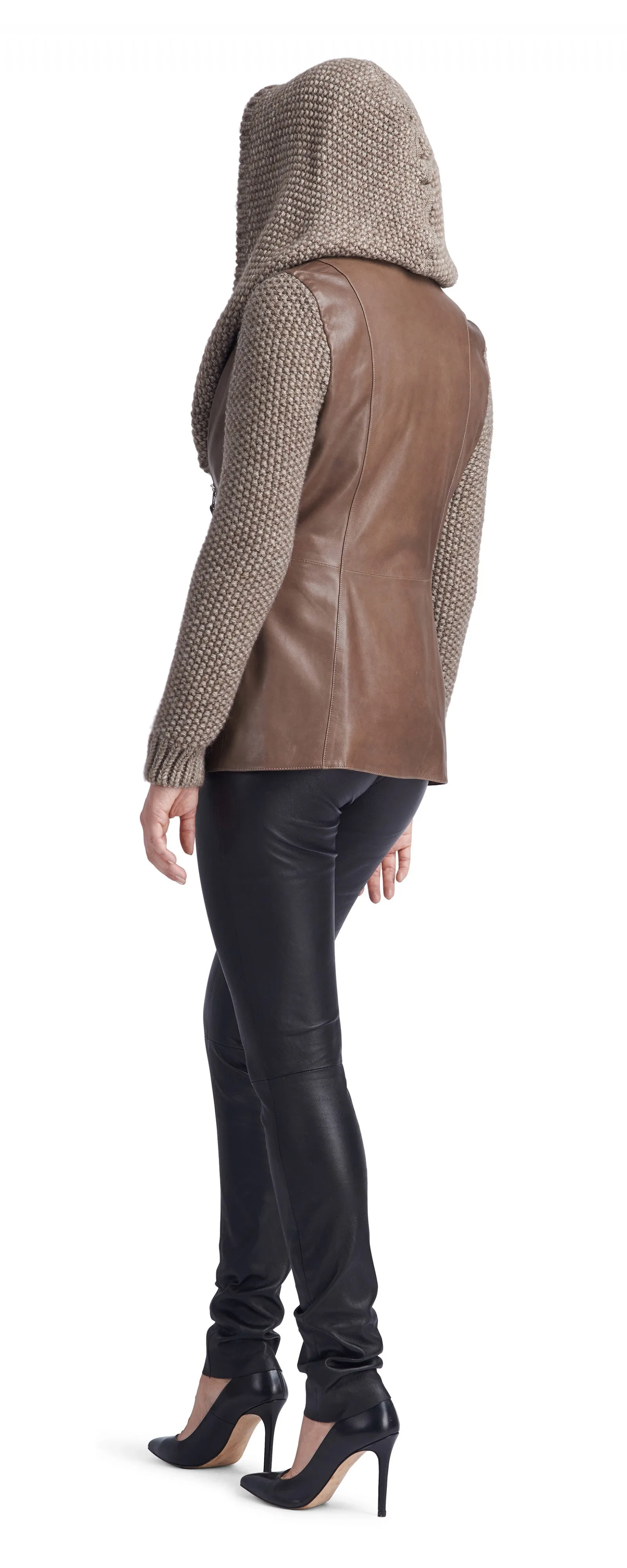 Ivory Taupe Knitted Wool/Leather Jacket