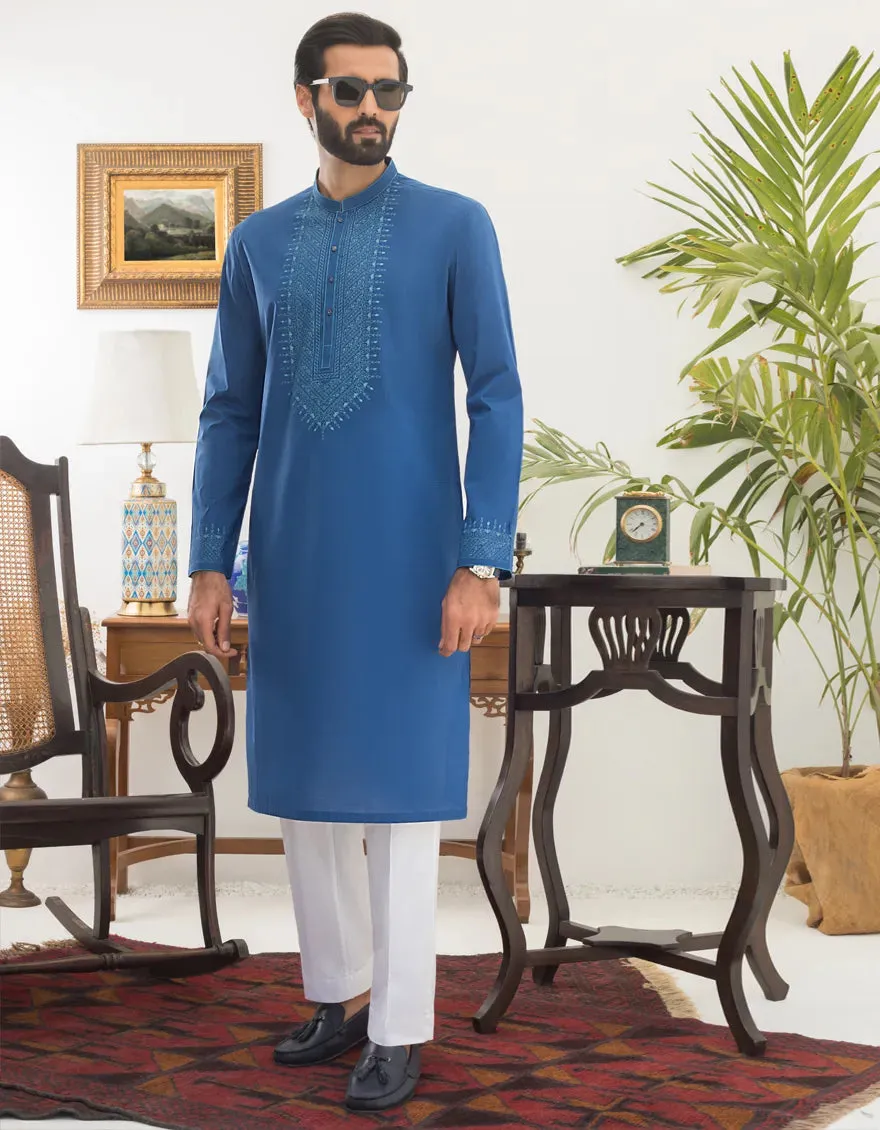 J. Mens Blue Lawn Semi-Formal 2-Piece Kurta   Trouser