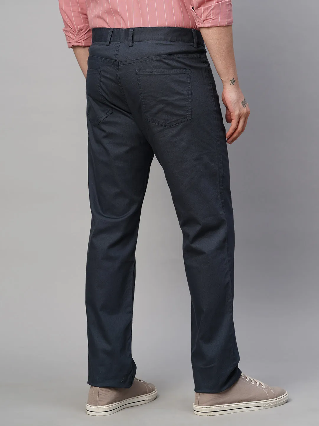 Men's Dk Blue Cotton Lycra Slim Fit Pant