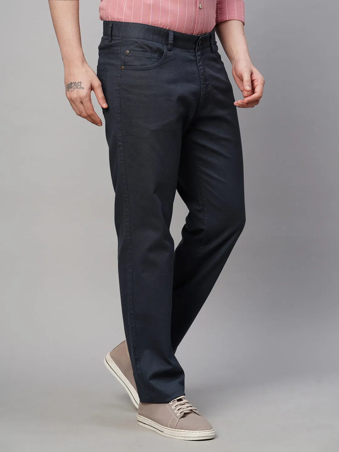 Men's Dk Blue Cotton Lycra Slim Fit Pant