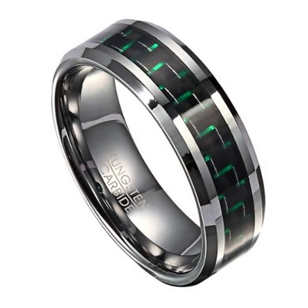 Men's Fashion Ring in Tungsten with Green Carbon Fiber Inlay, 9mm