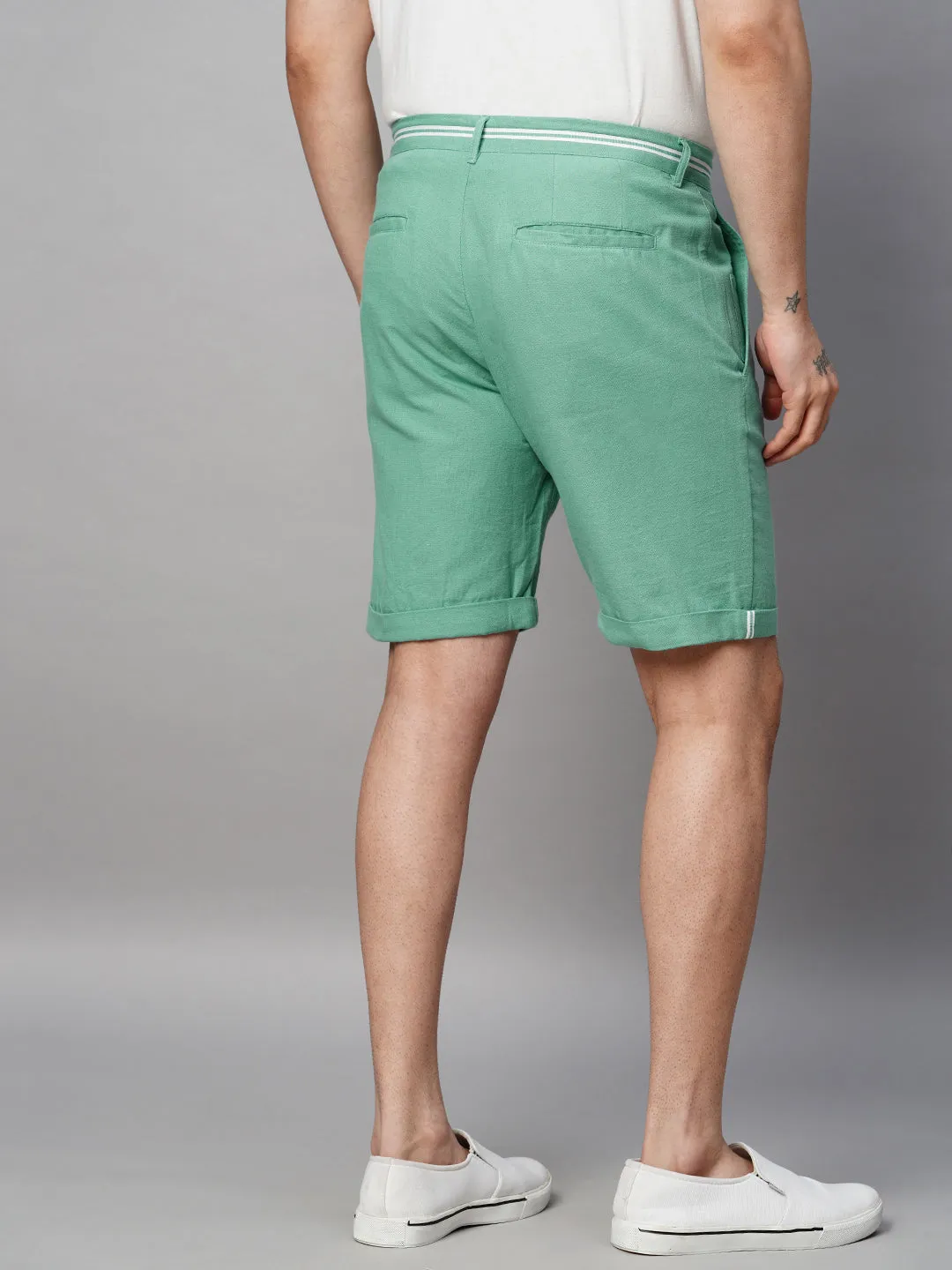 Men's Green Cotton Linen Regular Fit Shorts