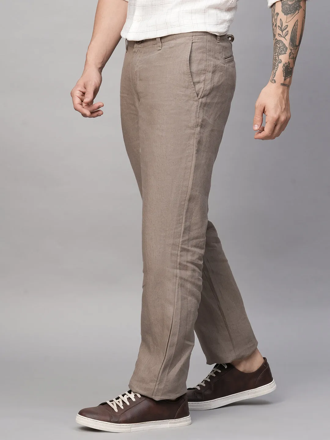 Men's Lt Brown 100% Linen Regular Fit Pant