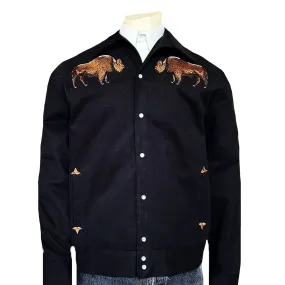 Men's Vintage Black Suede Cloth Western Bolero Jacket with Bison Embroidery