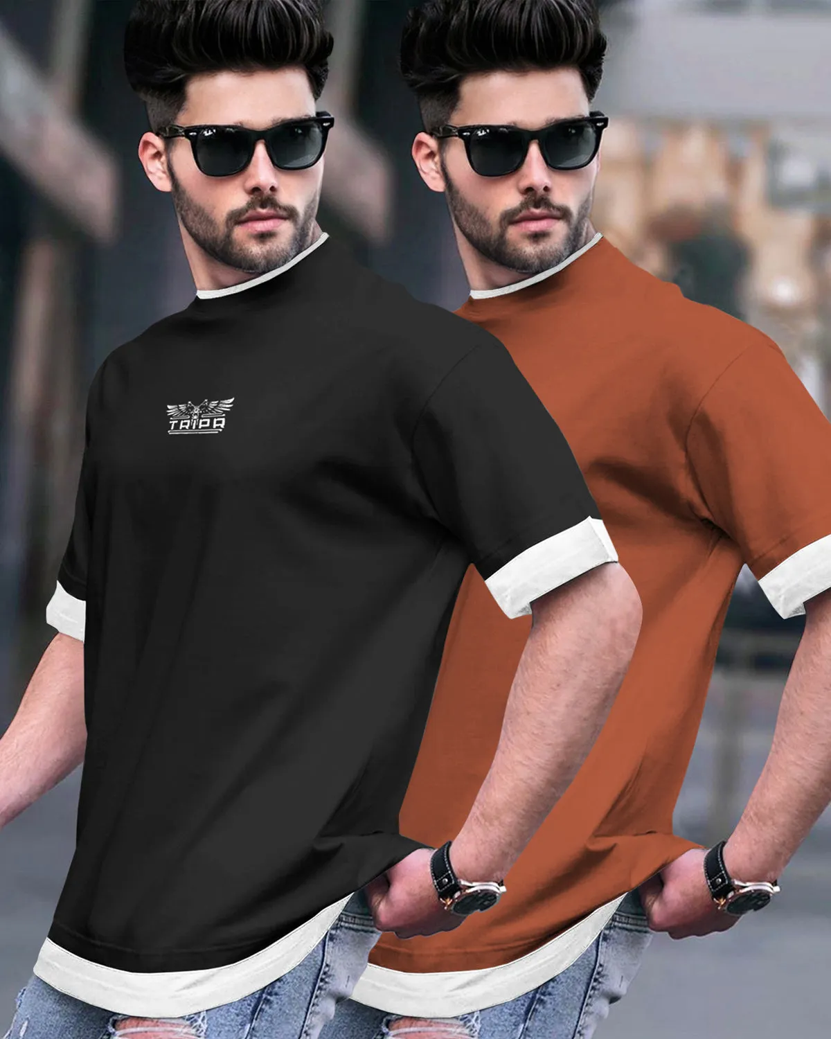 (pack of 2) men Drop Shoulder T-SHIRT | black & brown